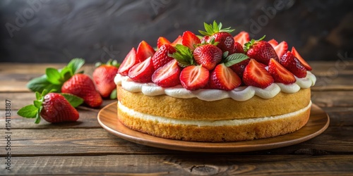 Delicious homemade cake topped with fresh strawberries, dessert, bakery, sweet, treat, delicious, snack, icing, cream, fruity