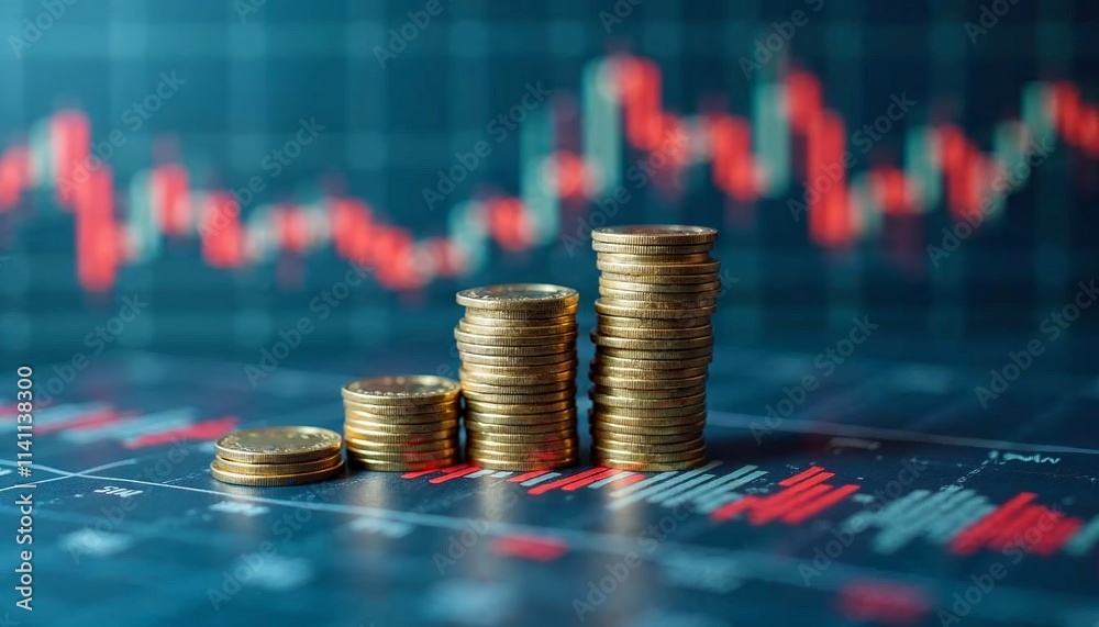 A stack of coins on a financial chart with a blurred building in the background, representing the stock market and financial investments wallpaper, background A stack of coins on a financial chart with a blurred building in the background, representing the stock market and financial investments wallpaper, background