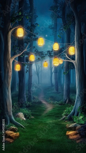 A dreamy night forest with glowing lanterns hanging from the trees. photo