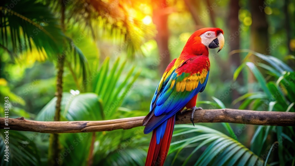 Colorful parrot perched on a branch in a tropical forest , vibrant, exotic, feathers, bird, wildlife, beautiful, nature Colorful parrot perched on a branch in a tropical forest , vibrant, exotic, feathers, bird, wildlife, beautiful, nature
