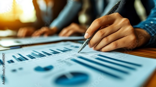 Business team in a collaborative meeting Discussing graphs and financial data while developing a detailed marketing project plan for future success
