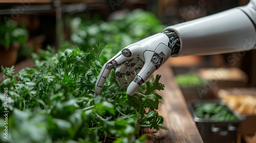 A robotic arm tending to a hydroponic garden in a futuristic kitchen, showcasing the innovative technology of future food production.