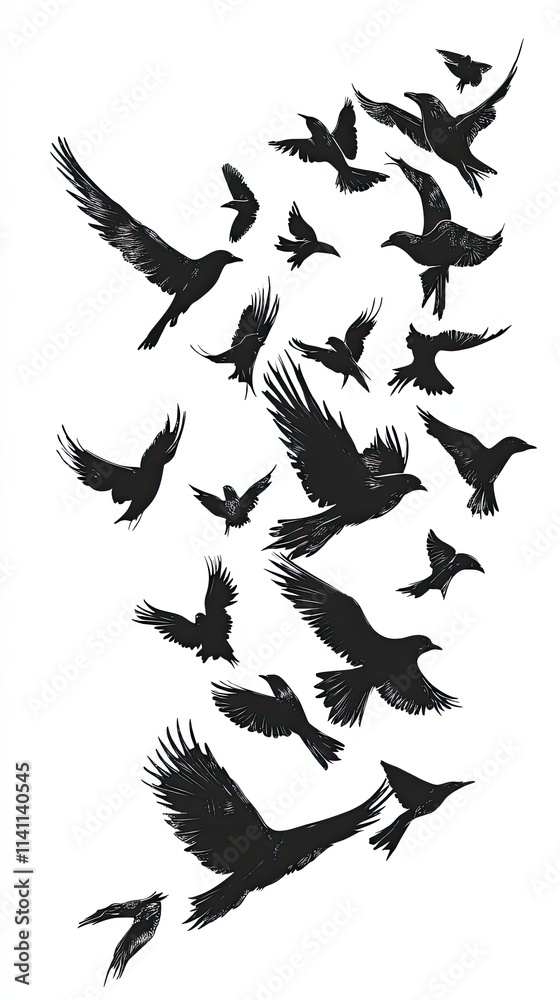 A Flock Of Black Birds In Flight Soaring High A Flock Of Black Birds In Flight Soaring High