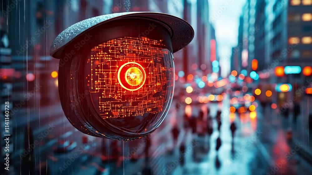 Surveillance camera with digital features overlooking a bustling city street on a rainy evening