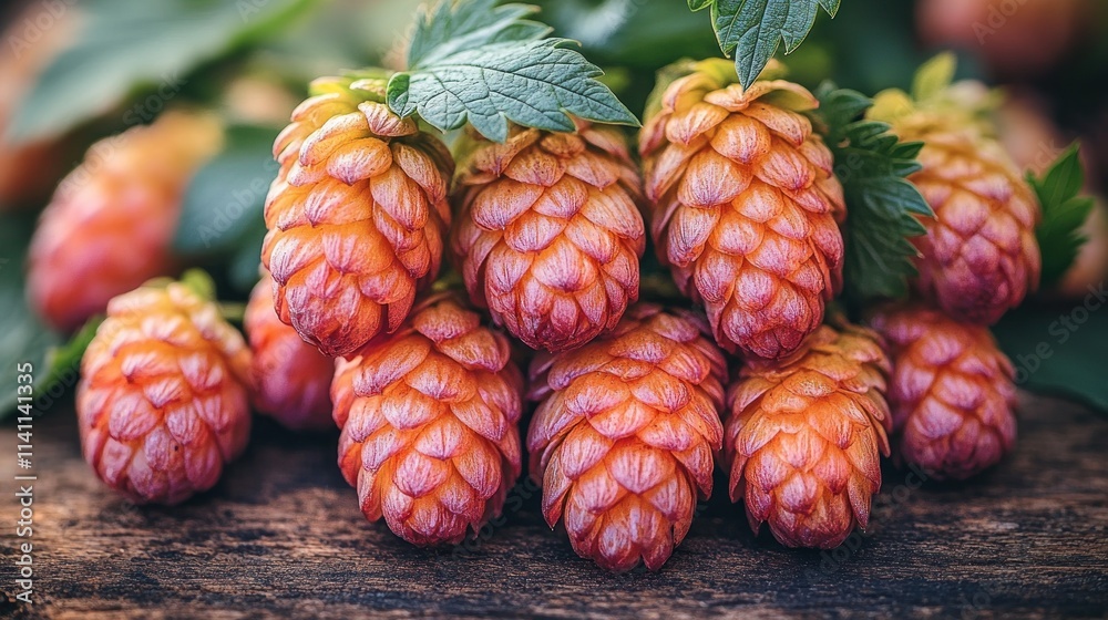 Fototapeta premium A close-up of fresh, vibrant hop cones with green leaves on a rustic wooden surface.