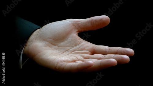 Empty hand extended by a businessman wearing a suit Highlighting the gesture of openness, offering, and professionalism