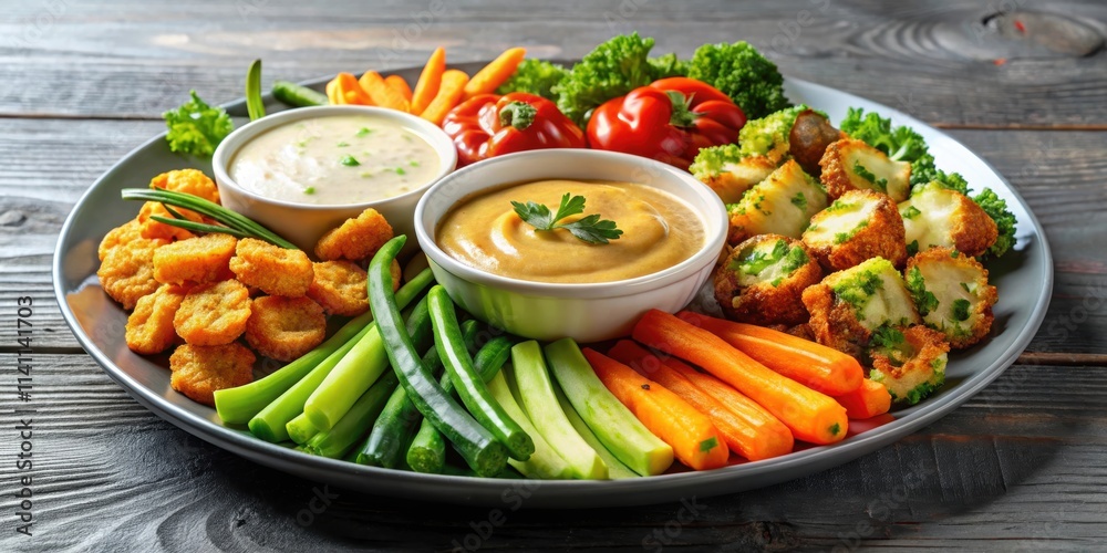 Plate of air-fried vegetables with dipping sauces, garnished with green onions, vegetables, air-fried Plate of air-fried vegetables with dipping sauces, garnished with green onions, vegetables, air-fried