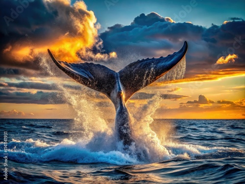 Deep-sea fashion photoshoot: a whale's majestic tail creates a dramatic ocean splash. photo