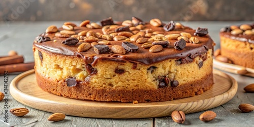 Sponge cake loaded with chocolate chunks and crunchy almonds , dessert, bake, sweet, homemade, snack, treat, pastry