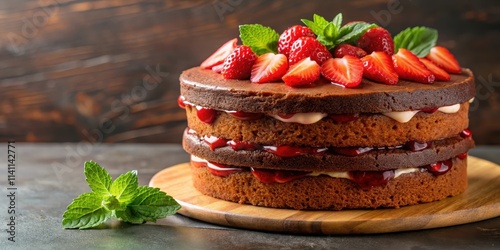 Delicious chocolate sponge cake topped with fresh strawberry jam and slices, chocolate, sponge cake, strawberries, jam
