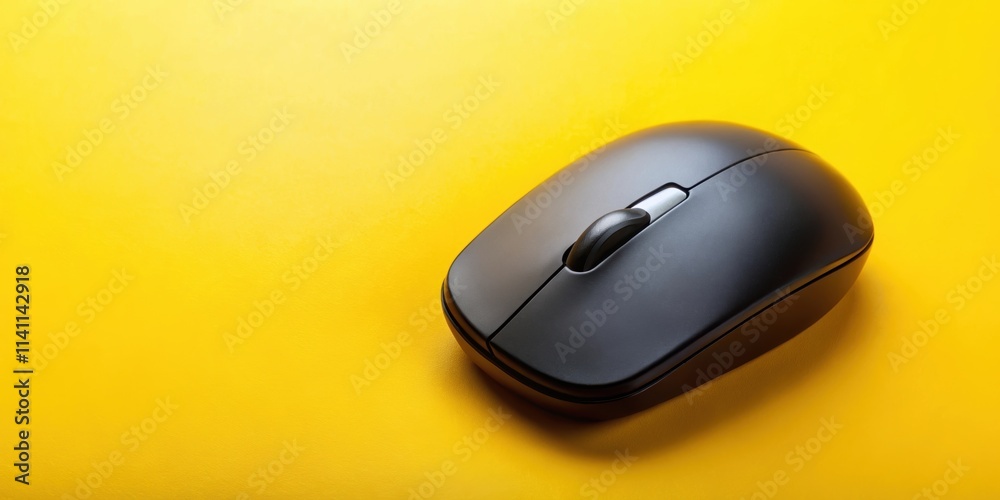 Black wireless mouse on a vibrant yellow background, technology, gadget, computer accessory, office supplies Black wireless mouse on a vibrant yellow background, technology, gadget, computer accessory, office supplies