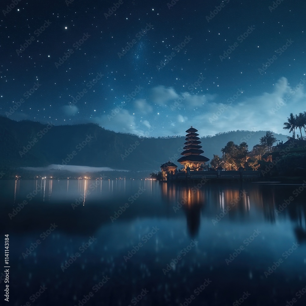 Fototapeta premium Night Sky Temple Lake Reflections Starry Scene