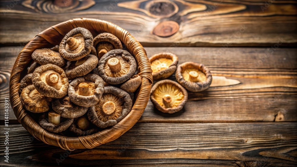 Dried shiitake mushrooms on a rustic wooden background , food, ingredient, organic, vegetarian, fungus, dried, texture Dried shiitake mushrooms on a rustic wooden background , food, ingredient, organic, vegetarian, fungus, dried, texture