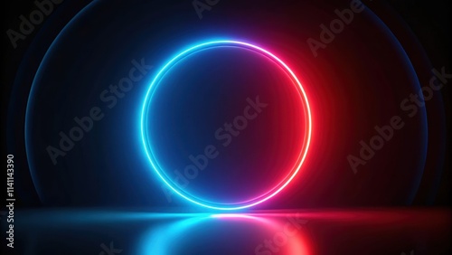 Neon light blue and red circle on a black background, futuristic template for product presentation, neon, light, blue