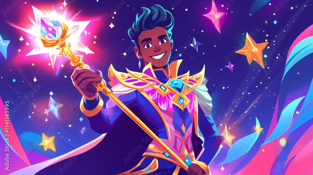 Naklejka premium Bright Cartoon-Style Illustrations of Kings Holding Magical Scepters in Colorful Fantasy Settings