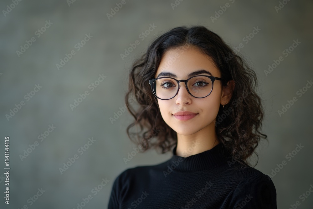 Obraz premium Confident Young Woman with Curly Hair and Glasses Posing Against a Neutral Background