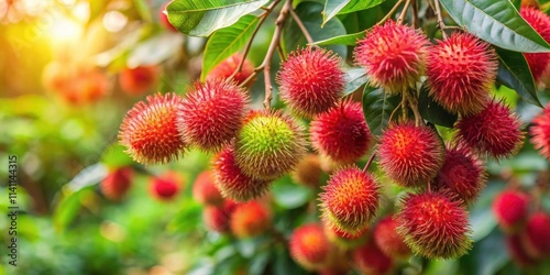 Rambutan tree with prickly red fruits ready to harvest , tropical, exotic, crop, agriculture, harvest, ripe, juicy, sweet, delicious