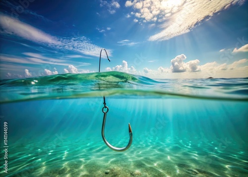 Crystal clear water cradles a glowing hook, its line disappearing into the blue.  Minimalist underwater fishing.
