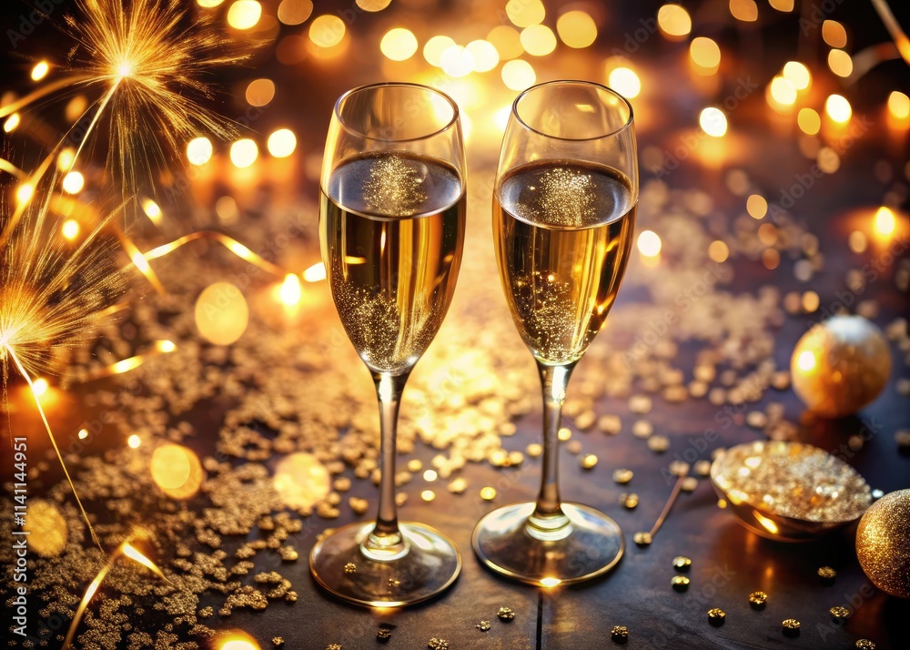 Drone captures a breathtaking champagne toast; golden confetti and sparkling fireworks create a festive spectacle. Drone captures a breathtaking champagne toast; golden confetti and sparkling fireworks create a festive spectacle.