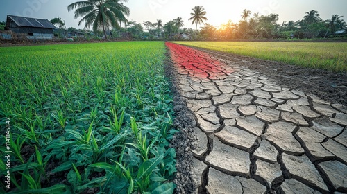 Agricultural areas rapidly losing their greenery, replaced by dry, barren land under the relentless impact of global warming and climate change.
