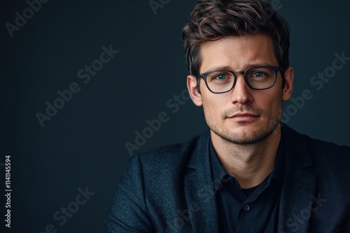 Confident Young Man in Glasses Posing Against a Dark Background