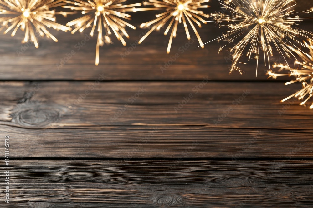 A wooden background with fireworks in the foreground