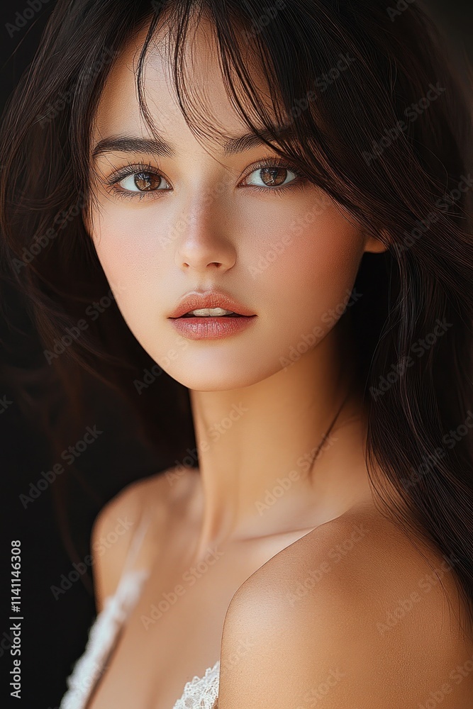 Young Beautiful Asian Woman with Smooth Skin in Natural Makeup for Facial and Skin Care Advertising Young Beautiful Asian Woman with Smooth Skin in Natural Makeup for Facial and Skin Care Advertising