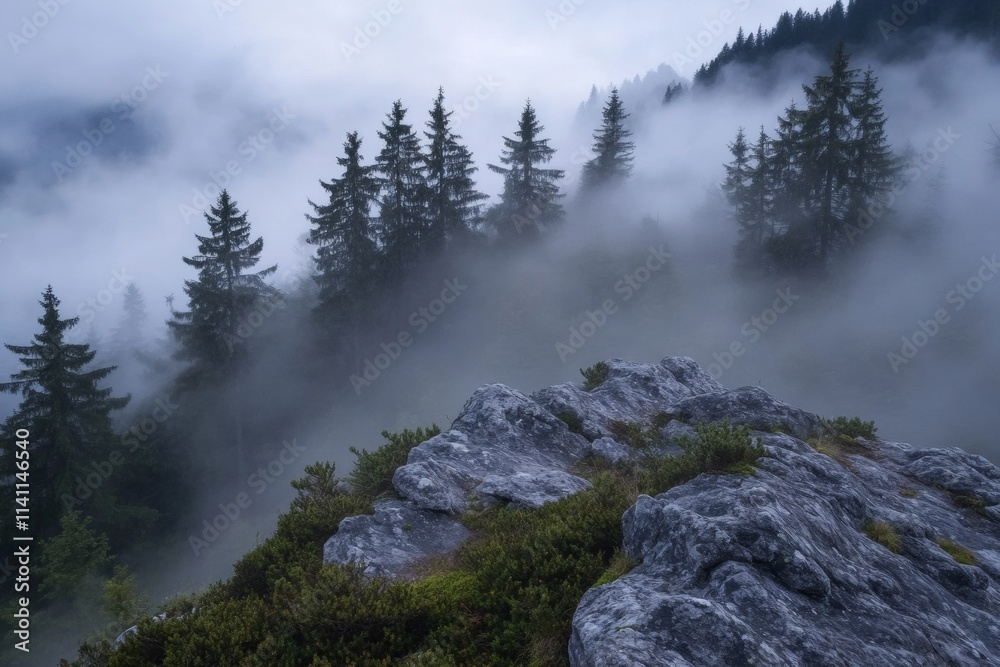 A mountain covered in fog and trees A mountain covered in fog and trees