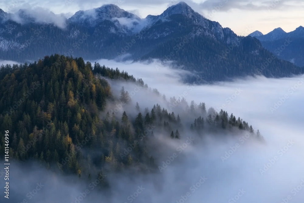 A mountain range covered in fog A mountain range covered in fog
