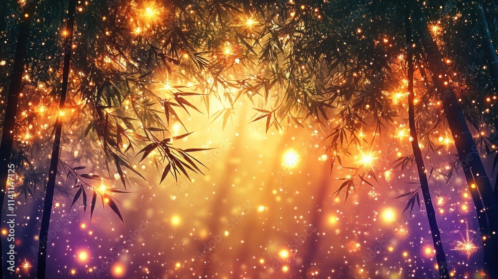 Naklejka premium Bamboo Silhouettes and Twinkling Stars in a Dreamy Forest Landscape