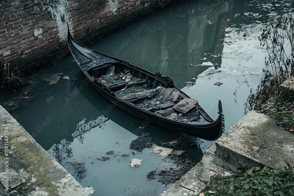 Abandoned Gondola in Murky Canal Water Abandoned Gondola in Murky Canal Water