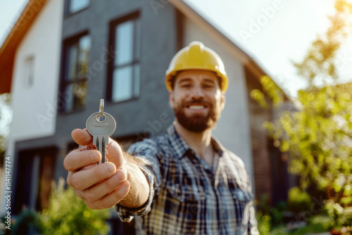 Buying a house. Private house on a turnkey basis. Handing over the keys to the buyer of the house. Construction company. Generated with AI.
