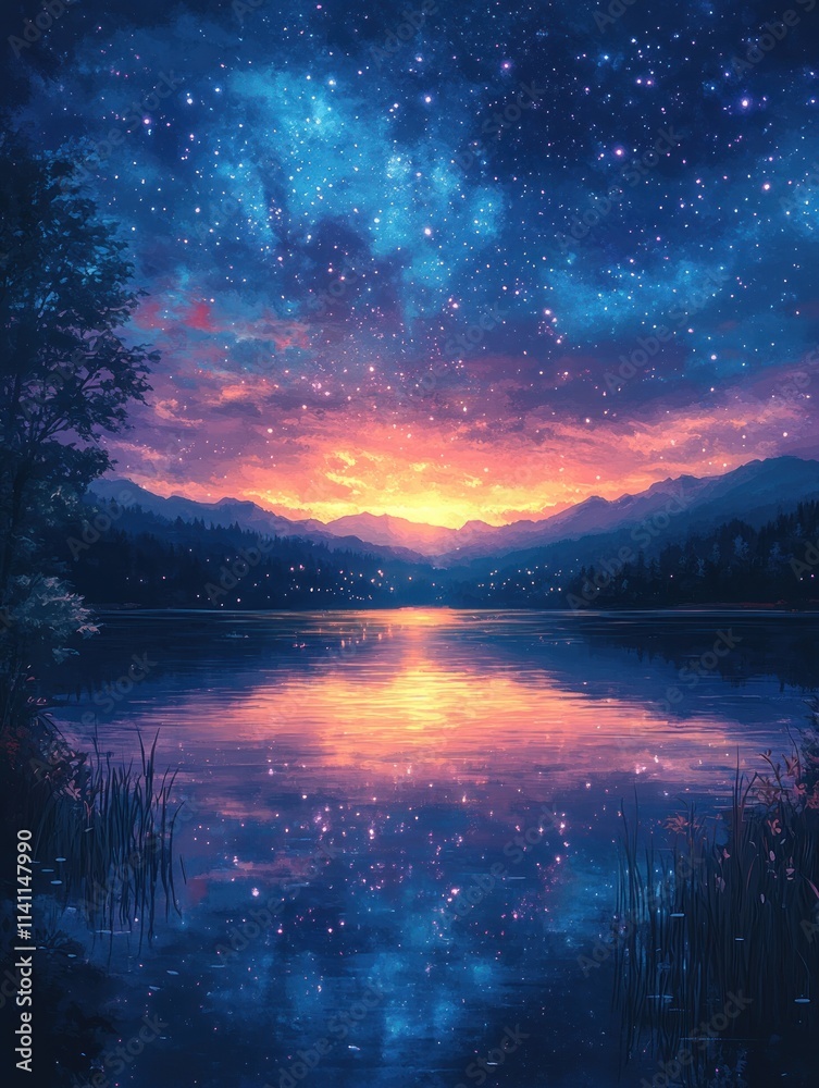 Starry Night Landscape with Reflective Lake and Milky Way Starry Night Landscape with Reflective Lake and Milky Way