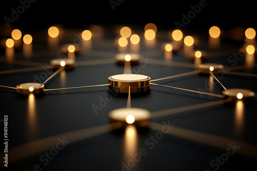 3D Glowing Gold-black chrome nodes background, indicating interconnections and relationships in the social community or business, with a festive and Christmas holiday feel photo