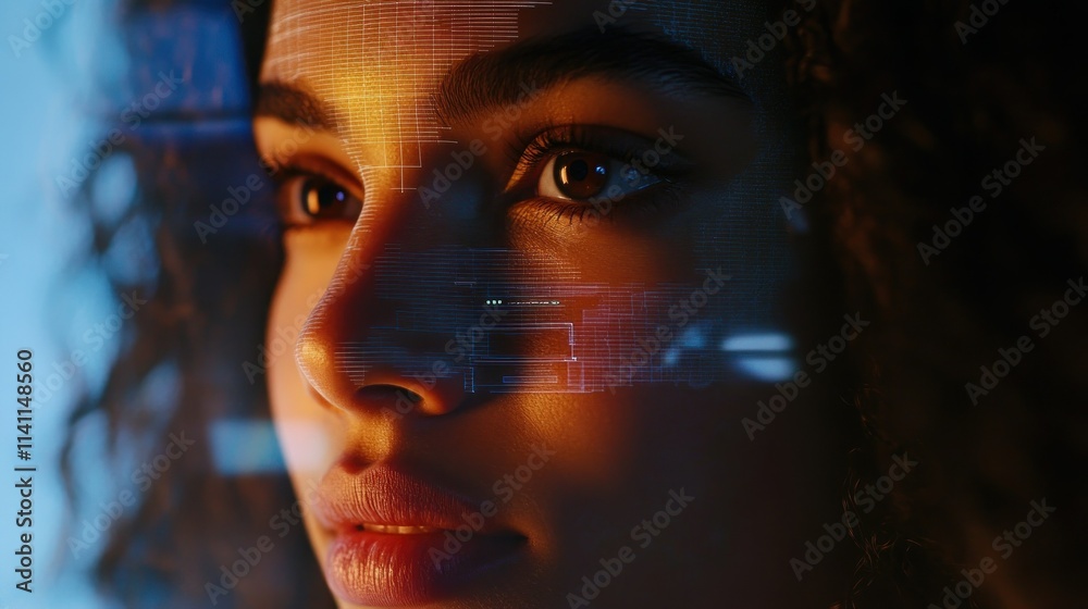 Facial recognition system. Scanning woman's face for authentication Facial recognition system. Scanning woman's face for authentication