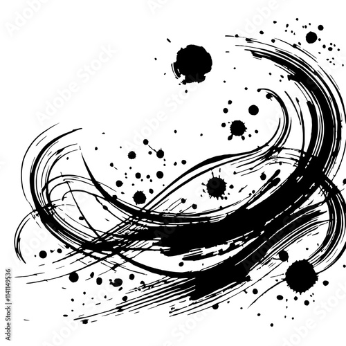 Dynamic Ink Splashes: Abstract art of black ink swirls and splatters creating a dynamic and energetic composition. Perfect for design projects needing a modern, edgy feel. 