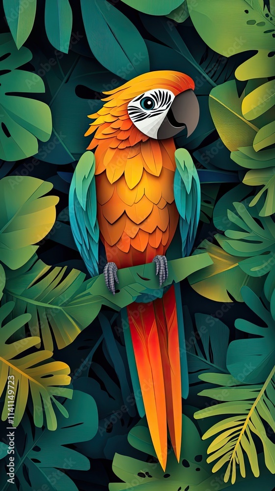 Fototapeta premium Scarlet Macaw Perched Amidst Lush Tropical Foliage
