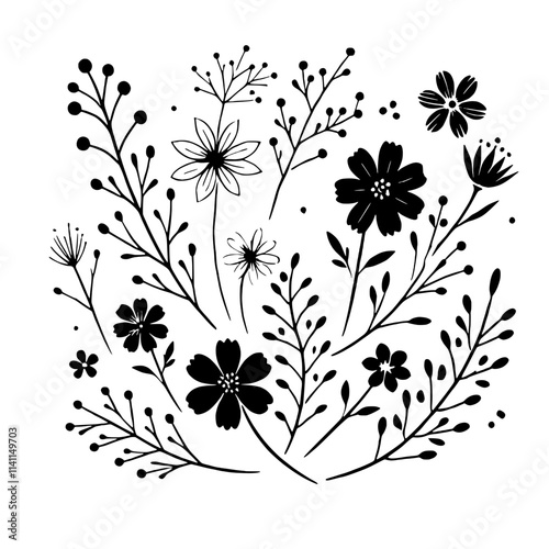 Floral Silhouette Collection: A beautiful arrangement of delicate floral silhouettes in a minimalist black and white style. Perfect for adding a touch of elegance and nature to your designs.  