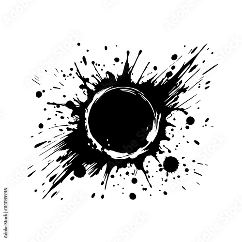 Black Ink Splash: Abstract art featuring a bold black ink splash with a central circular void, creating a dynamic and expressive design. Perfect for adding a touch of edgy style to your projects.