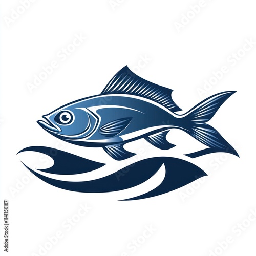 A stylized blue fish swimming above a wave, representing aquatic themes. photo