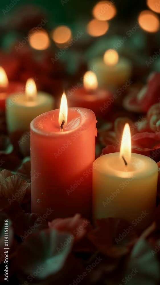 Romantic Scene with Red Candles and Glowing Flames, Soft Light and Cozy Atmosphere for Valentine's Day Concept Romantic Scene with Red Candles and Glowing Flames, Soft Light and Cozy Atmosphere for Valentine's Day Concept