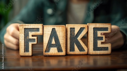 Fact or Fake Wooden Blocks Concept April Fools Day Hand Flip News Media Truth Myth Evidence Integrity Deception Communication photo