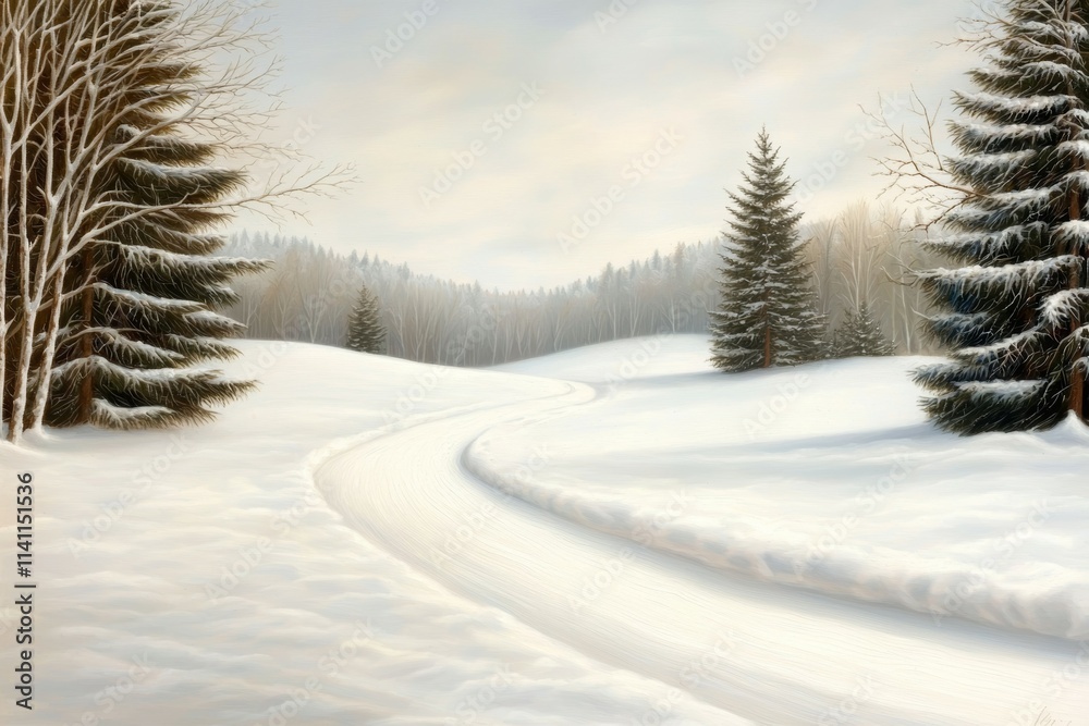 A snowy road with trees in the background A snowy road with trees in the background