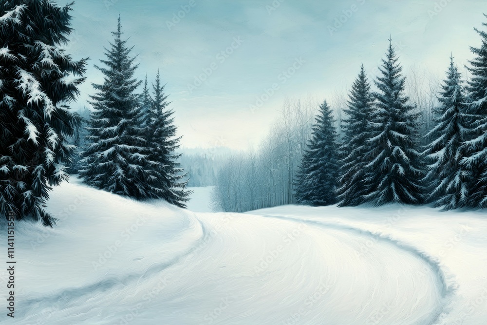 A snowy road with trees in the background A snowy road with trees in the background