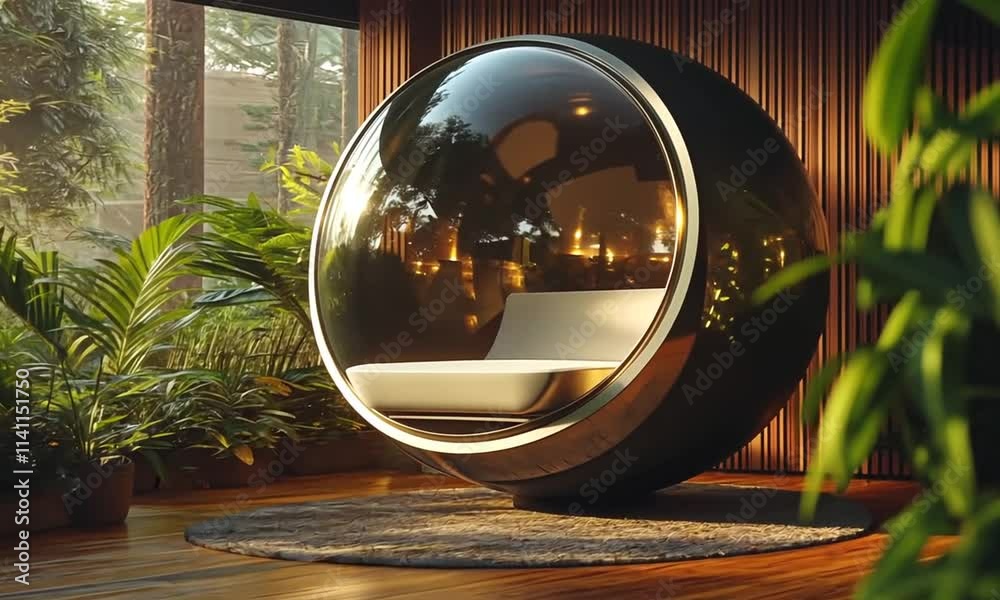 A futuristic seating pod surrounded by lush greenery indoors. A futuristic seating pod surrounded by lush greenery indoors.