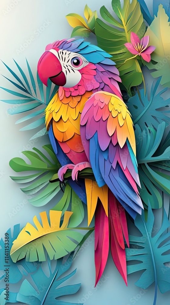Obraz premium Colorful Parrot Amidst Vibrant Tropical Paper Leaves