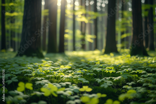 Meadow with grass between trees in forest in springtime.