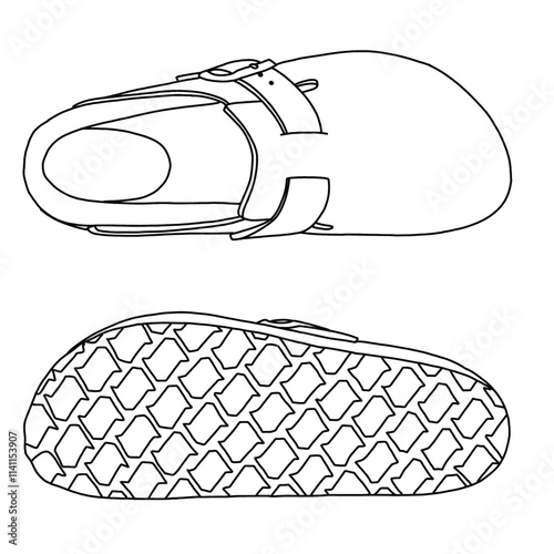 Women's Mules Arch Support Potato Shoes with Comfort Cork Footbed Line art, Technical sketch hand drawing outline vector doodle top and bottom view isolated on white background for coloring page