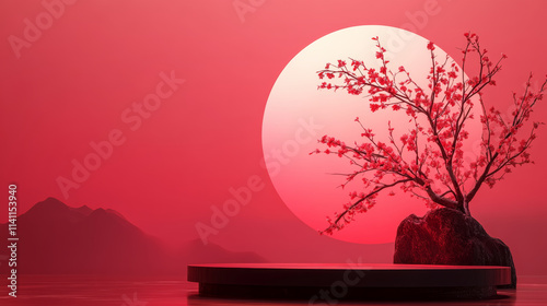 E-commerce product exhibition booth with red flower background