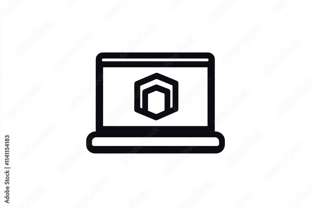 Minimalist black and white laptop icon with geometric design on screen Minimalist black and white laptop icon with geometric design on screen